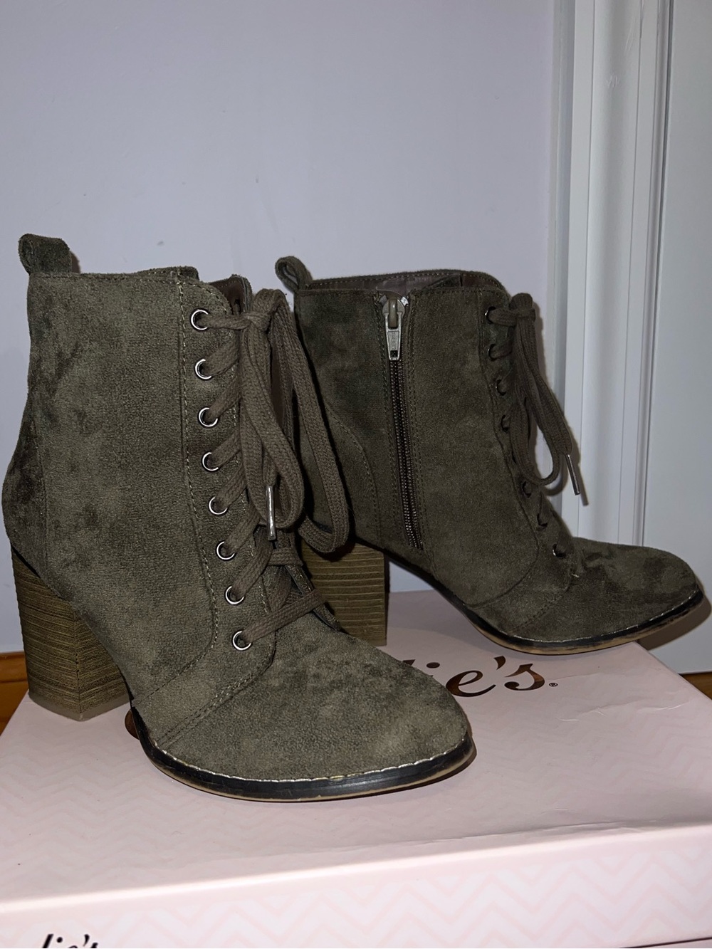 Candie's Olive Green Suede Lace-Up Ankle Booties
